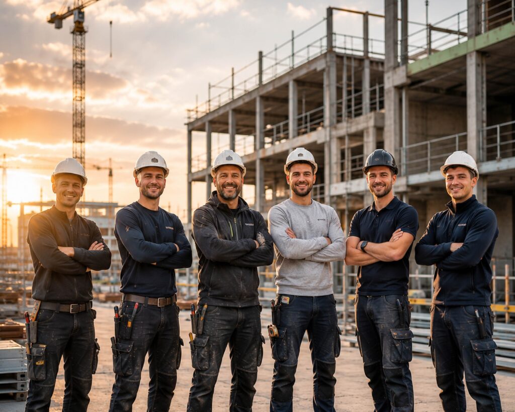 #AI image# Zes bouwvakkers staan ​​zelfverzekerd op een bouwplaats, met kranen en een zonsondergang op de achtergrond, wat teamwork en trots uitstraalt. Een voorbeeld voor de Internationale dag van de Bouwers.