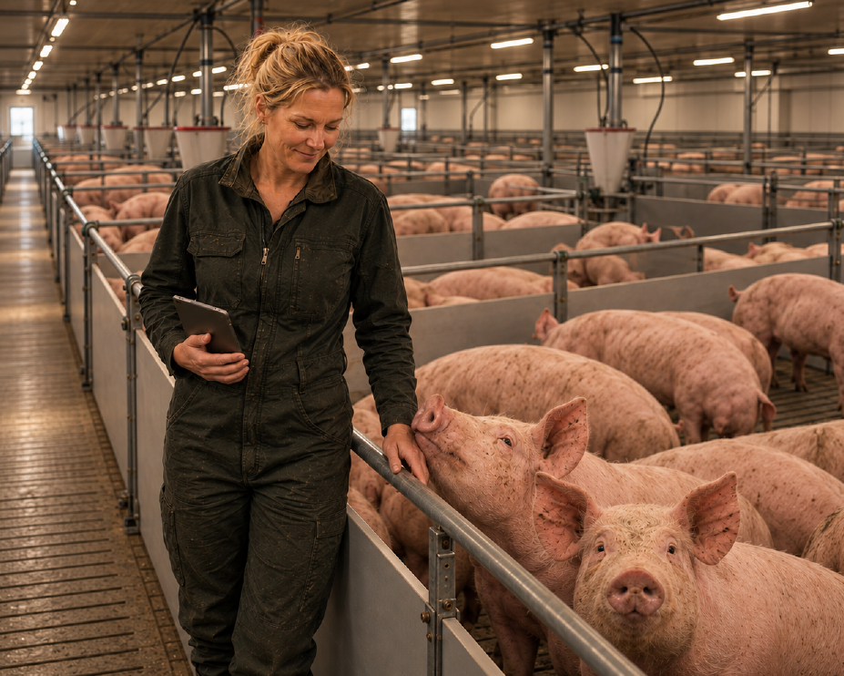 Een boerin in donkere werkkleding houdt een tablet vast naast nieuwsgierige roze varkens in een ruime, goed verlichte stal; een rustig tafereel.